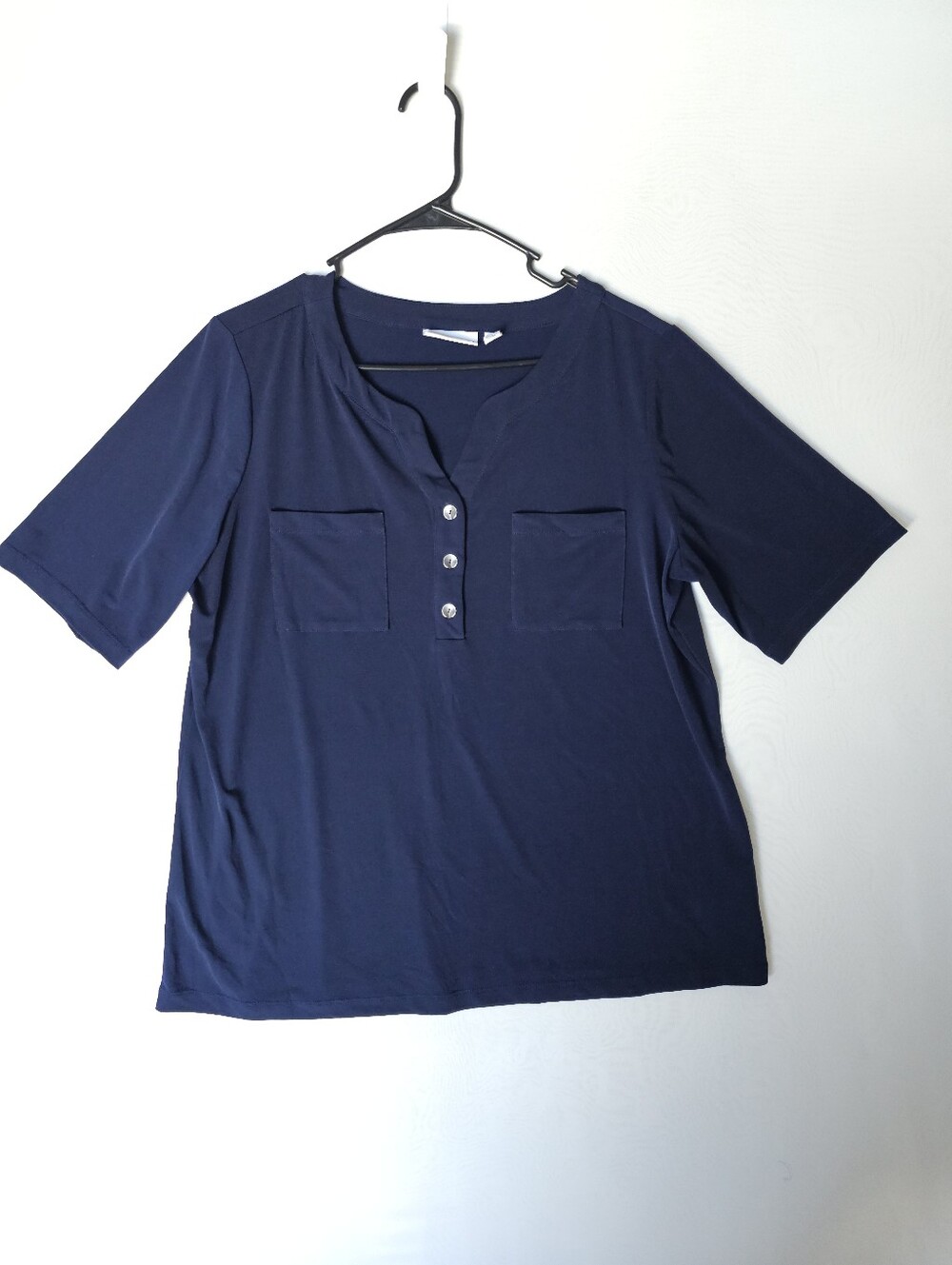Susan Graver Navy Blue Henley Short Sleeve Blouse Size L
